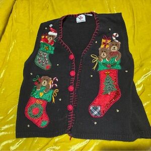 Vintage Festive Black Christmas Vest with Red and Green Accents